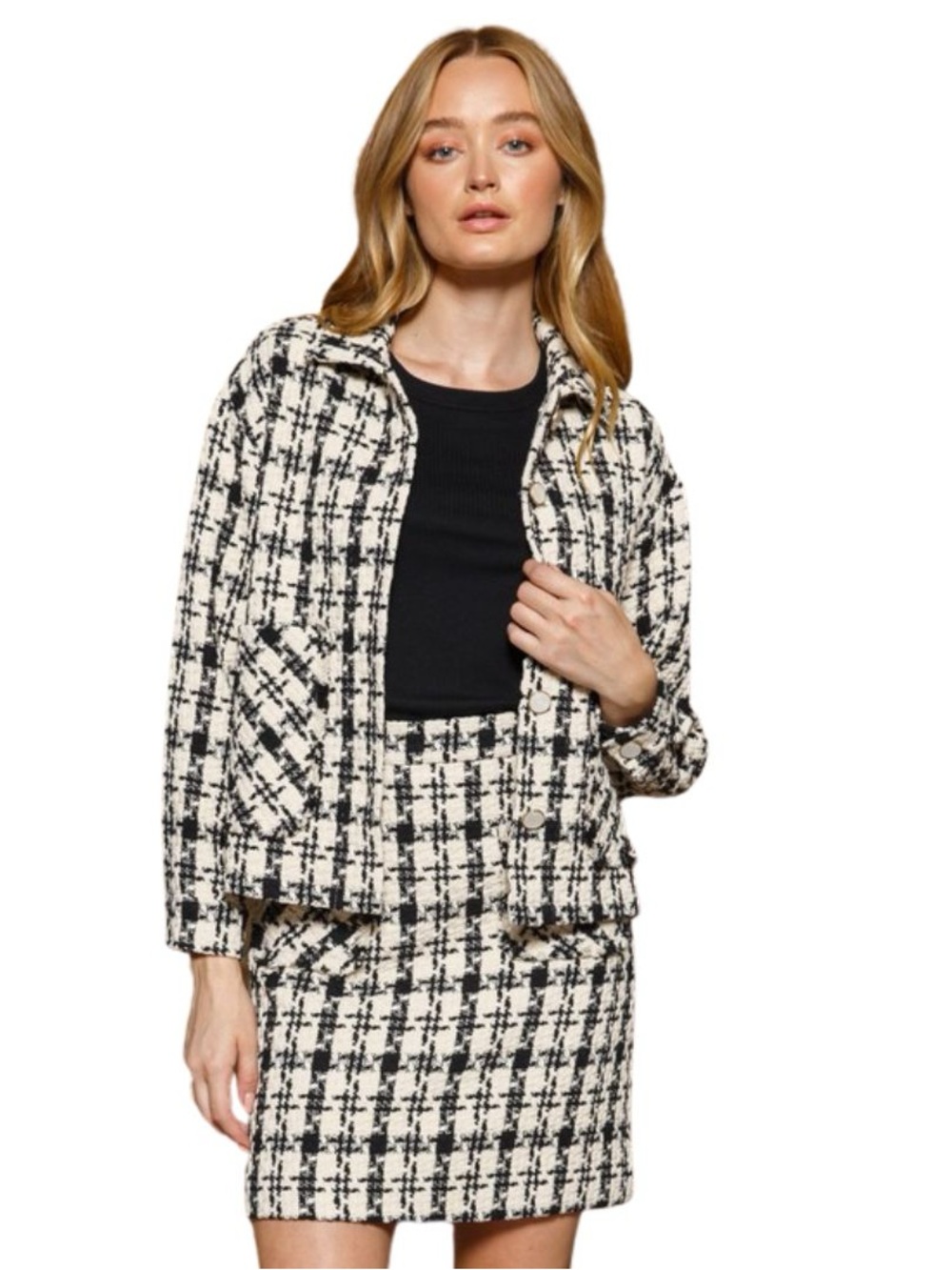 Aaron & Amber Oversized Black & Cream Tweed Jacket - Women's Classic Bouclé Coat